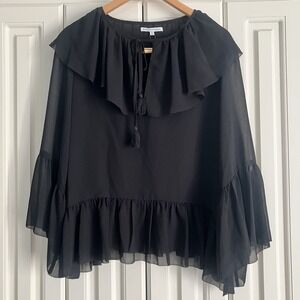 REBECCA MINKOFF Patti Black Semi Sheer Chiffon Ruffle Bell Sleeve Top XS NWT